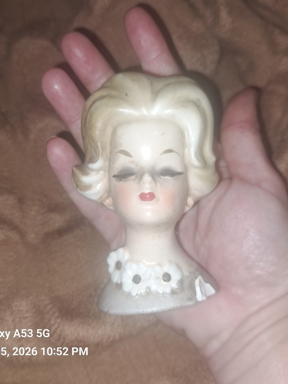 Vintage 1950s Ceramic Lady Head Vase - Cream Blonde with Pink Lips